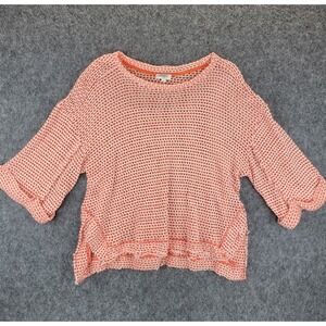Umgee Shirt Womens M Orange White Waffle Knit Raw Edge Slit Hem Relaxed Boxy